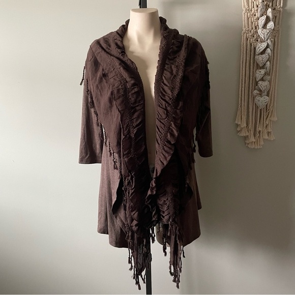 Papillon Blanc Sweaters - Papillon Lagenlook Fringe Trim Ruffled Open Cardigan Scarf Neck Wrap Boho